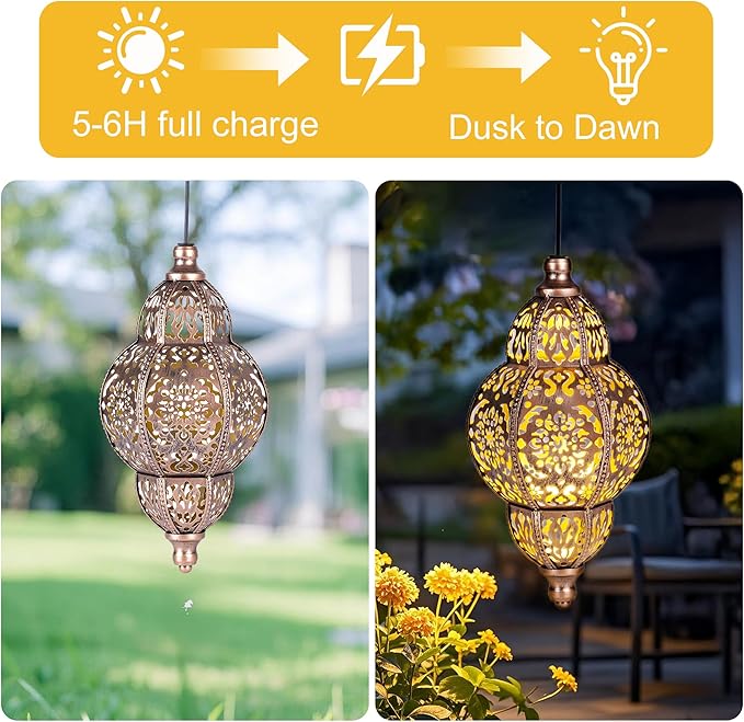 Solar Lanterns Outdoor Garden Decor, Hanging Moroccan Lanterns for Outside, Metal Solar Chandelier Outdoor for Mother's Days Gifts, Patio,Lawn, Yard Art for Women
