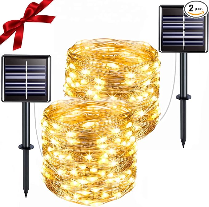 suddus 2 Pack Total 66ft 200 Led Solar Fairy Lights Outdoor Waterproof, 8 Modes Twinkle Lights for Trees, Fence, Garden, Patio, Yard Decorations, Warm White