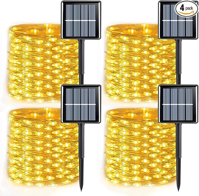 QITONG Solar Fairy Lights, 4 Pack Each 33ft 100 LED Warm White Christmas Light Outdoor Waterproof, 8 Modes Silver Wire Twinkle Mini Lights