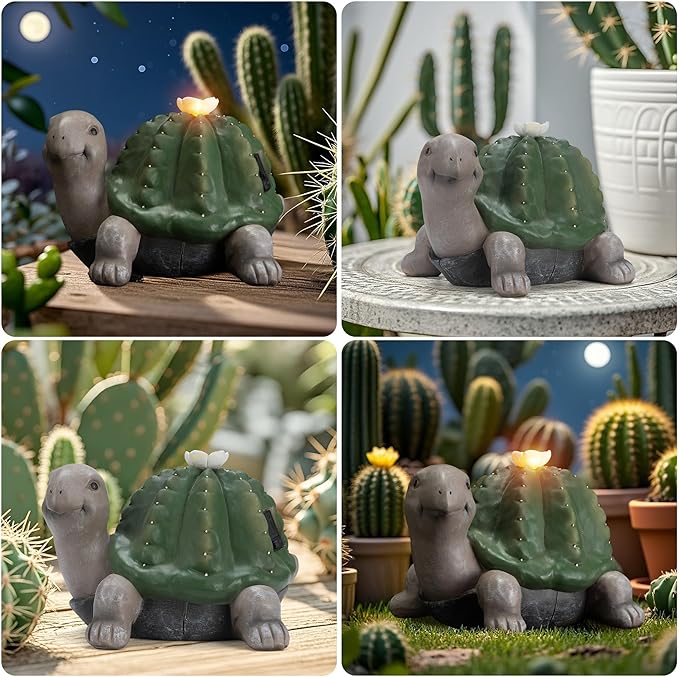 Solar Cactus Turtle Statue Garden Decor Light - Outdoor Decorative LED Flower, Suitable for Patio, Lawnand Garden Decorations, Gifts for Mom