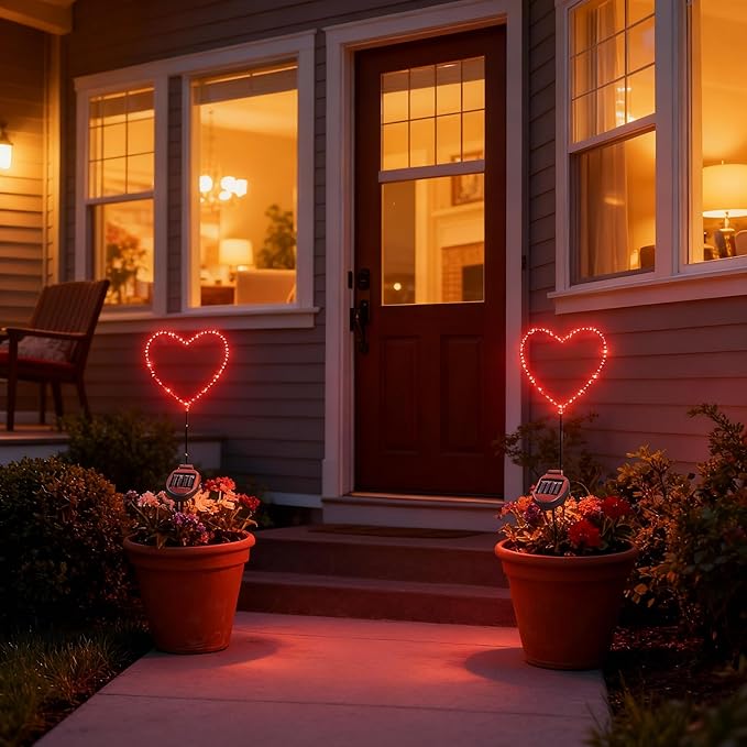 Solar Heart Garden Stake Light with Copper Wire LED - Red Light - Metal Frame Valentine's Day Outdoor Decor for Yard Patio Pathway - Waterproof Red Heart Shaped Solar Lights, Lawn Decor, Gift