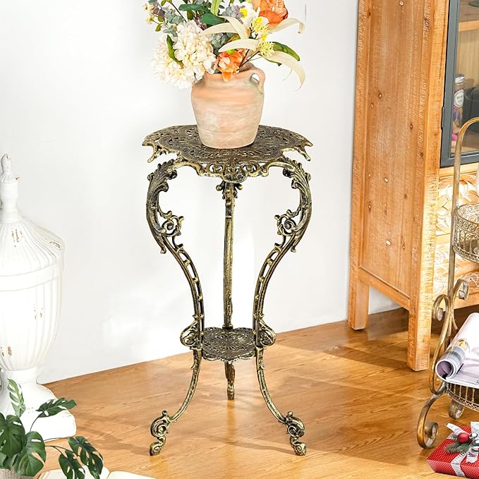 Sungmor Vintage Cast Iron Plant Stand - Ornate Gold Pedestal Table for Indoor Outdoor Garden, 27.5" Antique Metal Flower Pot Holder, Victorian Style Plant Display Stand - Patio, Porch, Balcony Décor