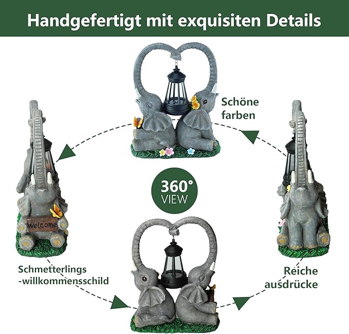 10.6" Solar Elephant Garden Statue,Heart Elephant Lawn Decorations Outdoor,Unique Elephant Gifts Housewarming for Women,Mom,Lover