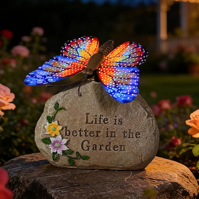 Solar LED Butterfly Garden Statue with Sparkling Light-Up Wings - Outdoor Yard Patio Decor Figurine, for Women Mom Grandma (Orange)