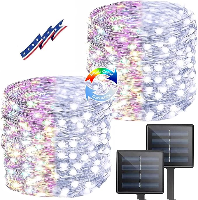 (Cool White ⇋ Multicolor) Solar String Lights Outdoor, 2-Pack 80FT 200 LED Waterproof Silver Wire Solar Twinkle Lights for Outside with 8 Modes, Fairy Light for Tree Garden Wedding Patio Decorations