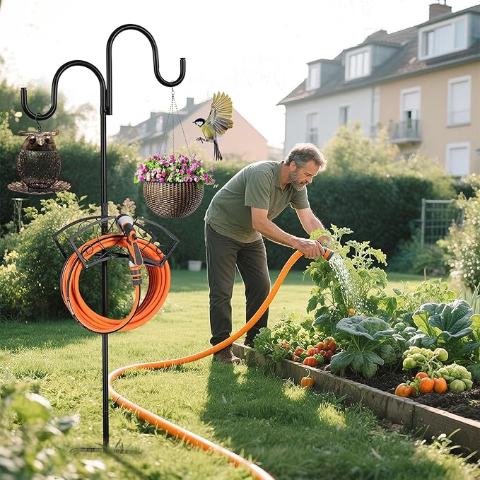 Double Shepherds Hooks for Outdoor, Upgraded Heavy Duty Bird Feeder Pole, Freestanding Hose Stand Adjustable Water Hose Holder with 5 Prongs Base, Thickened Garden Hooks for Outside Yard Lawn