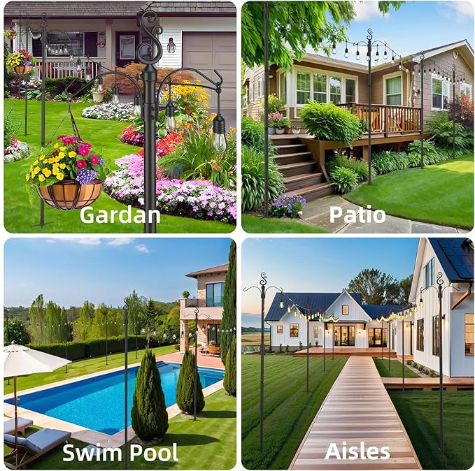 10 Ft Height 1 Inch Diameter String Light Poles StringLight Stand with Hooks Metal Poles for Outside Patio Yard Garden Backyard (10Ft Pole with Hooks, 4)