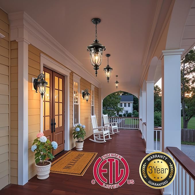 VIANIS Dusk to Dawn Outdoor Hanging Lights, Large Bronze Vintage Outdoor Pendant Light, Waterproof with Seed Glass, Anti-Rust Adjustable Length Chandelier, Porch Ceiling Light for Yard, Doorway