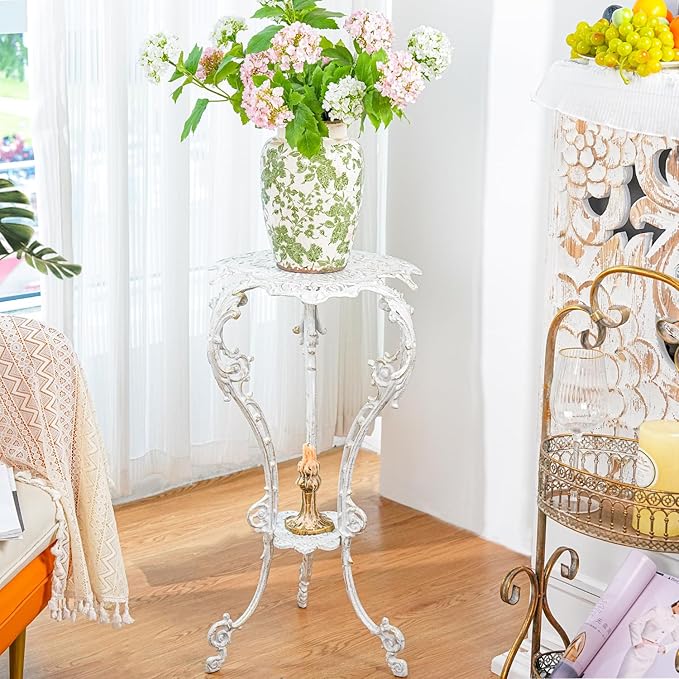 Sungmor Vintage Cast Iron Plant Stand - Ornate White Pedestal Table for Indoor Outdoor Garden, 27.5" Antique Metal Flower Pot Holder - Victorian Style Plant Display Stand, Patio, Porch, Balcony Décor