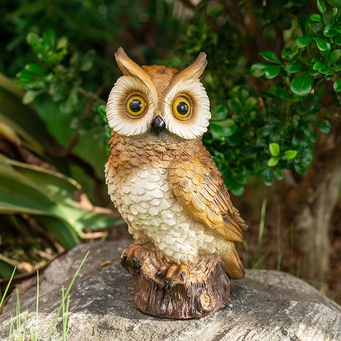 Solar Owl Garden Statues Outdoor Decor Resin Owl Figurine with LED Lights Owl Sculpture for Porch Patio Lawn Yard Decorations Christmas Housewarming Gifts for Women Mom,Brown Owl
