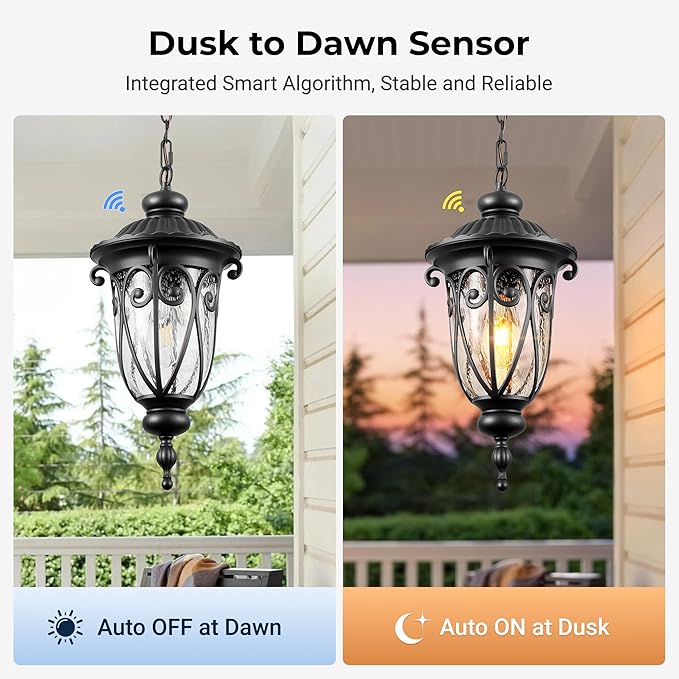 VIANIS Large Dusk to Dawn Outdoor Hanging Lights, Black Vintage Outdoor Pendant Light with Seed Glass, Waterproof, Anti-Rust Adjustable Length Chandelier, Hanging Ceiling Light for Porch, Garden, Yard