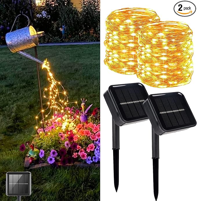 VOOKRY 2 Pack 10 Strands 200 LEDs Solar Fairy Lights Outdoor, Waterproof Solar Powered String Lights 8 Modes DIY Watering Can Lights for Party Wedding Plants Tree Vines Christmas Garden Decorations