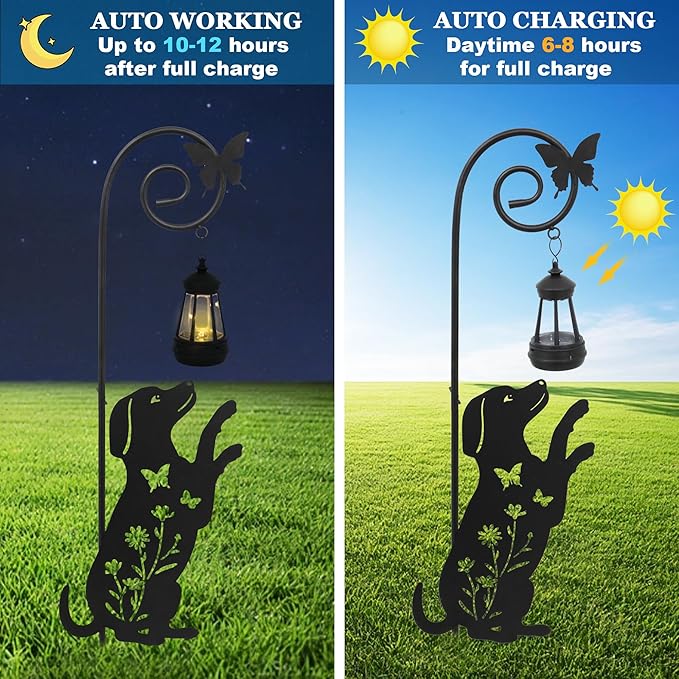 Solar Dog Lantern Garden Stakes - Outdoor Decorative Solar Lights for Yard, Patio, Pathway - Weatherproof Metal Dog Stake with Auto Night Lighting