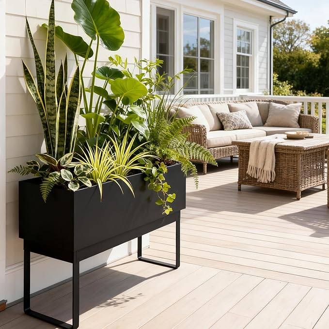 Worth Raised Metal Planter Box with Legs, 30"x12.5"x24" Elevated Garden Bed for Indoor & Outdoor Use – Matte Black Galvanized Steel Planter with Drainage Hole & Plug for Vegetables, Flowers & Herbs