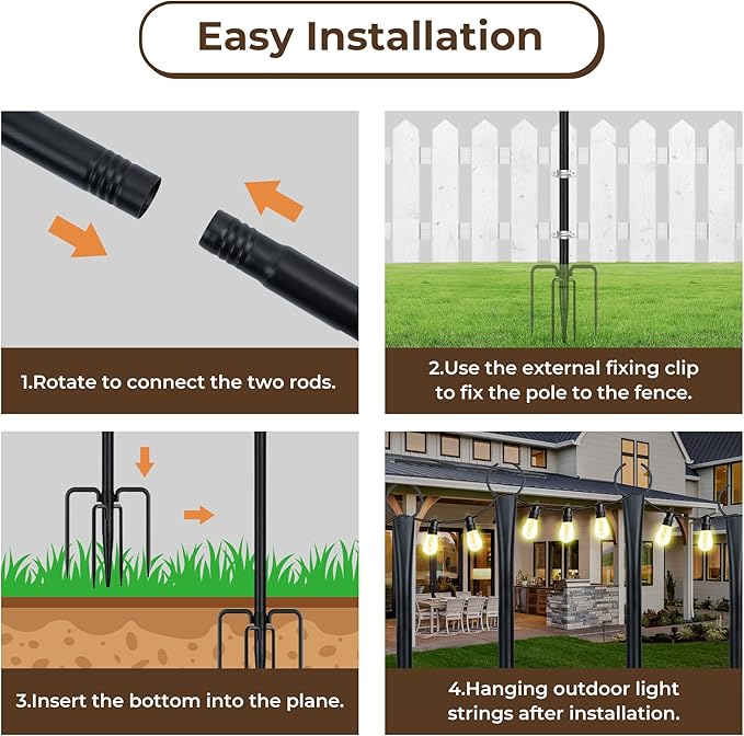 10 Ft String Light Poles for Outside, 4 Pack Heavy-Duty Metal Poles for Outdoor Hanging Lights with Fence Brackets, Outdoor String Light Pole Stand for Patio, Backyard, Garden