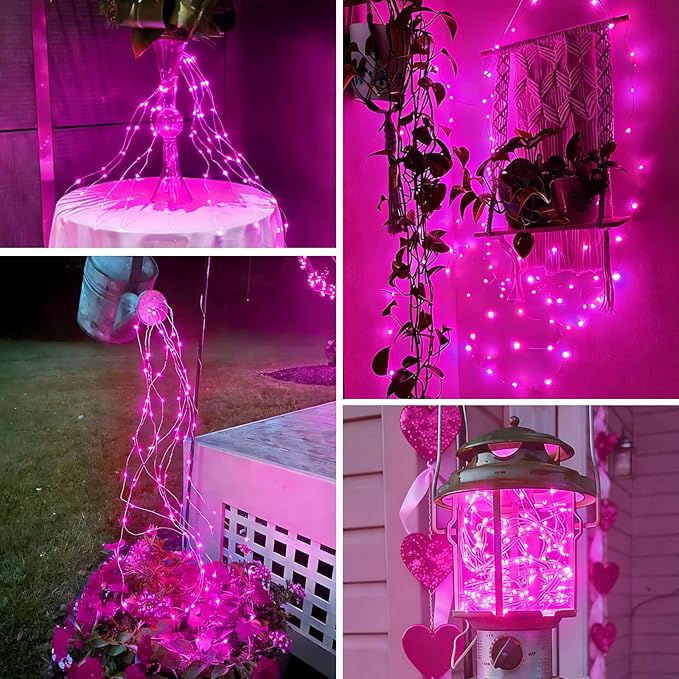 QITONG 4 Pack Pink Solar Fairy Lights, Each 33ft 100 LED String Lights Outdoor Waterproof, 8 Modes Copper Wire Solar Christmas Lights