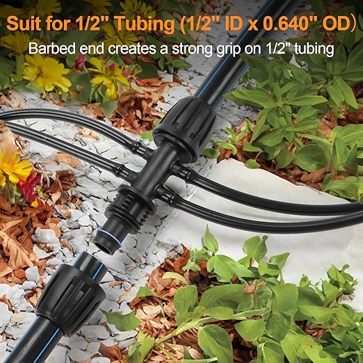 Copadri 12 Pcs 1/2 inch to 1/4 inch Drip Irrigation Tubing Fittings, 1/2" Drip Tubing (1/2" ID x 0.65" OD) to 4 Way 1/4" Irrigation Tubing Locked Barbed Reducing Tee Connectors for Garden Systems