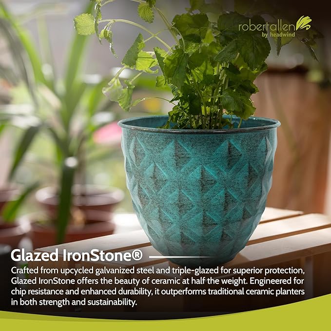 Headwind Glazed Ironstone Diamonte Collection – Surf Green 10-Inch Decorative Plant Pot, Indoor & Outdoor, Vintage Diamond-Textured, Lightweight & Weather-Resistant for Garden Use by Robert Allen