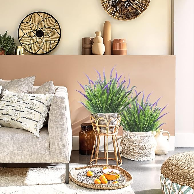 10 Bundles Artificial Plants Outdoor Fake Grass with Flowers UV Resistant Greenery Garden Porch Window Box Decorating (Purple)