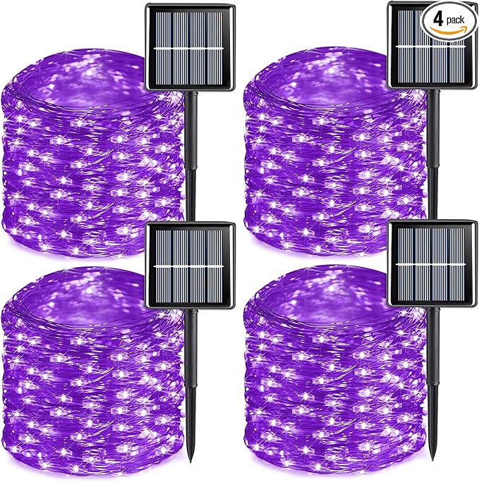 QITONG 4 Pack Solar Fairy Lights, Each 33ft 100 LED Purple Christmas String Light Outdoor Waterproof, 8 Modes Silver Wire Twinkle Mini Lights