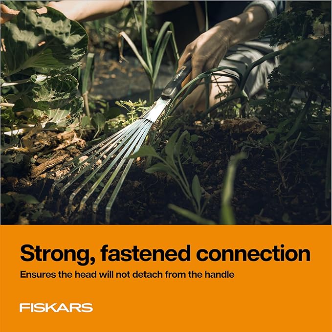 Fiskars Xact Hand Rake, Heavy Duty Gardening Hand Tool with Ergonomic Handle and Hanging Hole for Storage, Stainless Steel Head and Tines, Perfect for Maintaining a Raised Garden Bed