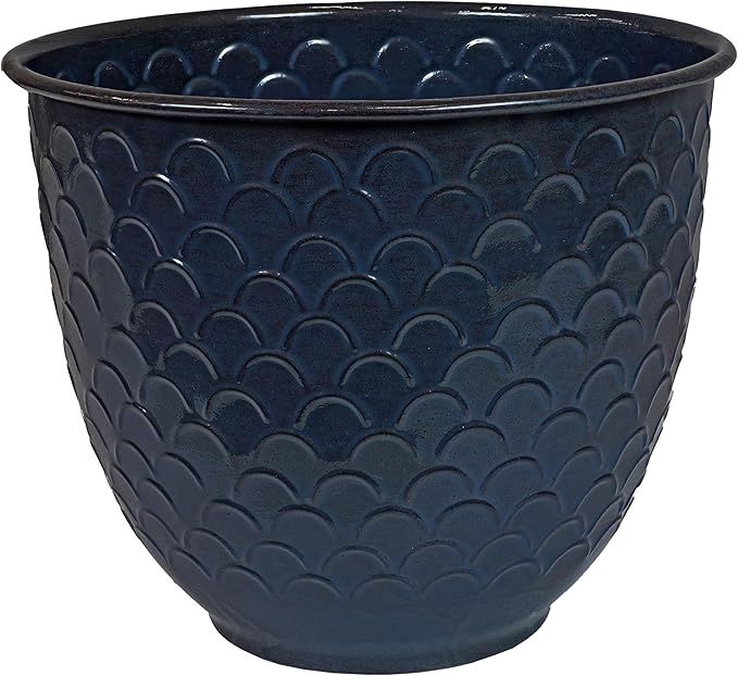 Sunnydaze Dinah 12.5" Metal Outdoor Plant Pot Set with Drainage Holes and Rubber Plugs - Navy Glaze - Set of 4