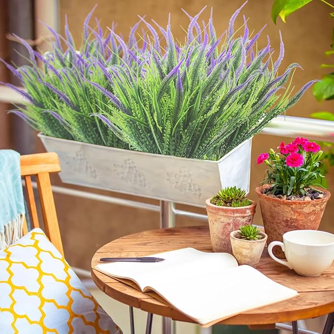 10 Bundles Artificial Plants Outdoor Fake Grass with Flowers UV Resistant Greenery Garden Porch Window Box Decorating (Purple)