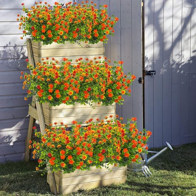 10 Bundles Artificial Fake Flowers, Faux Outdoor Plastic Plants UV Resistant Shrubs Outside Indoor Decorations (Orange-Eucalyptus)