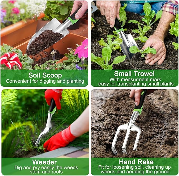 Garden Tools Set, 8 Piece Gardening Tools Set with Non Slip Ergonomic Handle, Heavy Duty Garden Tool Set with Storage Bag, Gardening Kit for Women, Garden Hand Tools Gift, Green