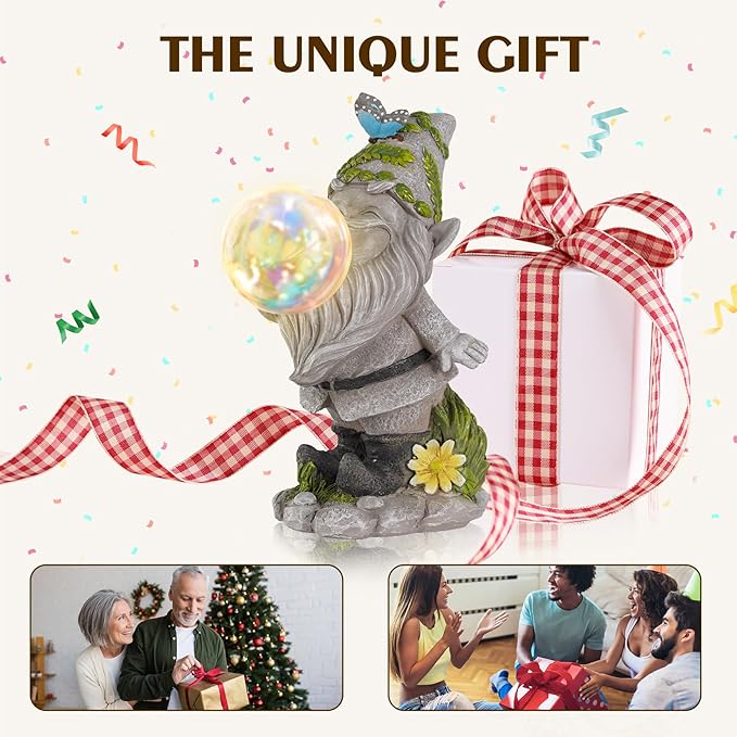 Gnome Garden Statue Solar Lights Outdoor Decoration, Lawn Decor Gift Idea for Patio, Yard, Balcony, Cute Housewarming, Birthday, for Women