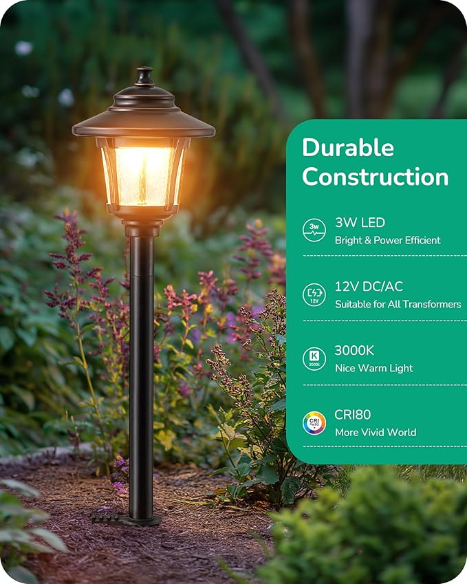 EDISHINE Low Voltage Landscape Lights, 12V 3W 120LM 3000K Seed Glass Outdoor Landscape Path Lights with Connectors, ORB Waterproof Electric LED Pathway Light Wired for Walkway Garden Yard, 6 Pack