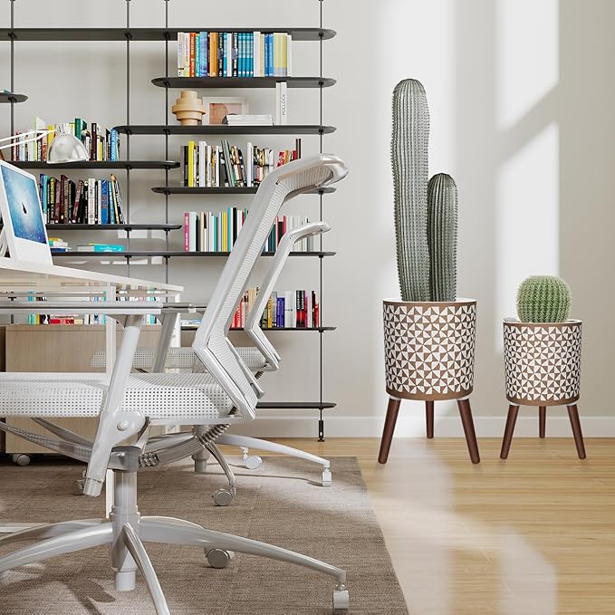 10 & 12 Inches Plant Pot with Stand, Large Modern Standing Planters for Indoor Outdoor Plants with Drainage Holes, Big Gold Floral Embossed Flower Pots with Legs