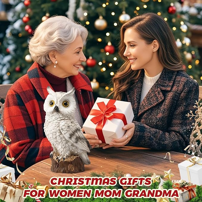 Solar Owl Garden Statues Outdoor Decor Resin Owl Figurine with LED Lights Owl Sculpture for Porch Patio Lawn Yard Decorations Christmas Housewarming Gifts for Women Mom,White Owl