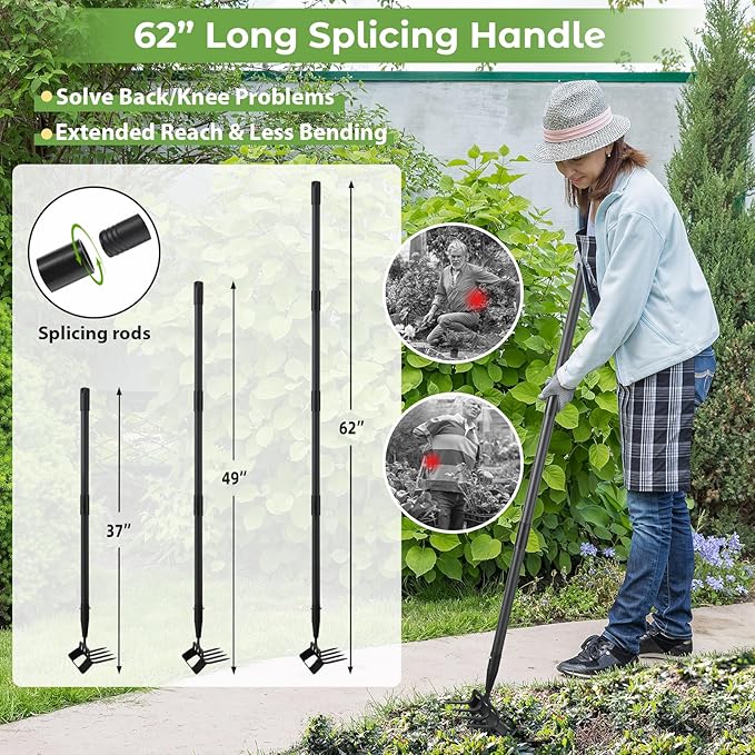 Garden Hoe,2 in 1 Heavy Duty Stirrup Hoe and Cultivator Gardening Tool Set with 62 inch Long Handle,Lightweight Hoes Weeding Rake for Fast Weeds Grass Removal,Cultivating, Loosen Soil, Sharp Edge