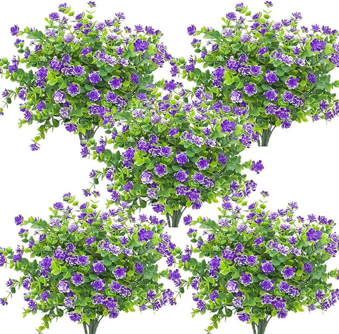 10 Bundles Artificial Fake Flowers, Faux Outdoor Plastic Plants UV Resistant Shrubs Outside Indoor Decorations (Blue-Eucalyptus)