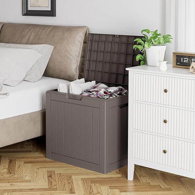 WTFGO 32 * 2 Gallon Outdoor storage deck Box Waterproof ，garden tool,backyard cushion,poolside toy storage,Smalldelivery boxes for outside,Two Boxes/set (Wood-like Striped Gray