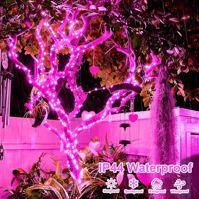 QITONG 4 Pack Pink Solar Fairy Lights, Each 33ft 100 LED String Lights Outdoor Waterproof, 8 Modes Copper Wire Solar Christmas Lights