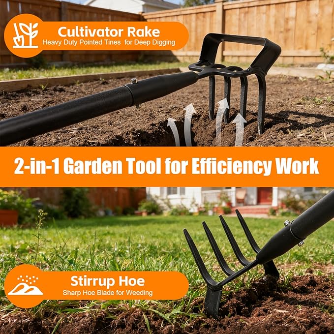 Garden Hoe, 72 Inch Soil Tiller Cultivator Stirrup Hoe, Heavy Duty 2-in-1 Garden Tool with Adjustable Long Handle, Action Scuffle Loop Hoe with Rake for Flower Beds, Garden Loosening Weeding Digging