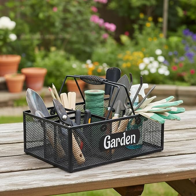 Xbopetda Garden Tool Storage, 4 Compartments Metal Mesh Garden Caddy, Portable Garden Basket with Handles, Gardening Tool Organizer for Indoor and Outdoor, Gardener Gift for Gardening Lovers, Black