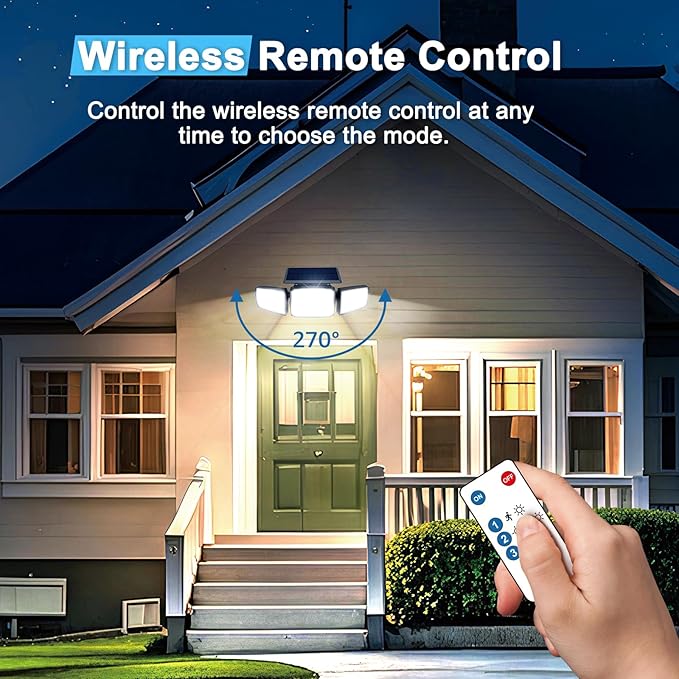 Solar Security Light Outdoor Super Bright LED, Motion Sensor Flood Light, 3 Heads 270° Wide Angle, Remote Control,IP65 Waterproof, 3 Modes (2 Packs)