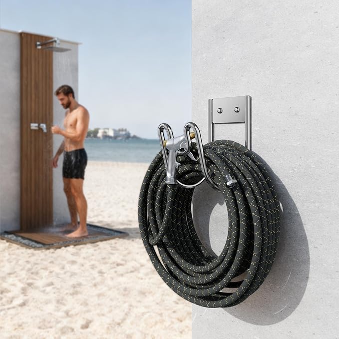 Garden Hose Holder Wall Mount - SS304 Stainless Steel Water Hose Hanger Heavy Duty Rack for Extension Cords Vacuum Hose Outside Silver (1 Pack)