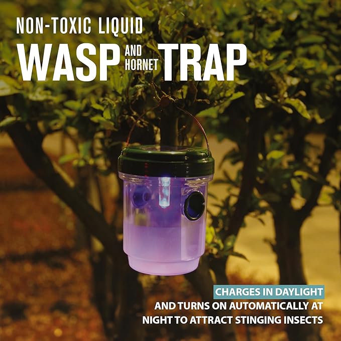 Brookstone Non-Toxic Liquid Wasp & Hornet Trap – Solar Powered Rechargeable LED Bulb, Eco-Friendly Wasp & Hornet Catcher for Gardens & Patios