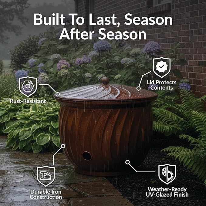 Sunnydaze Metal Garden Hose Holder Pot with Lid - UV-Resistant 145-Foot Garden Hose Pot Holder - Brown Glaze Finish