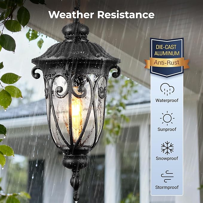 VIANIS Large Dusk to Dawn Outdoor Hanging Lights, Black Vintage Outdoor Pendant Light with Seed Glass, Waterproof, Anti-Rust Adjustable Length Chandelier, Hanging Ceiling Light for Porch, Garden, Yard