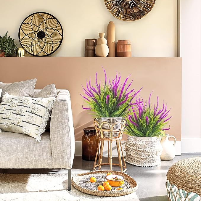 10 Bundles Artificial Plants Outdoor Fake Grass with Flowers UV Resistant Greenery Garden Porch Window Box Decorating (Magenta)