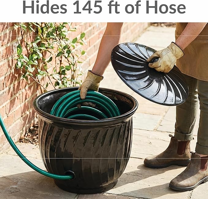 Sunnydaze Metal Garden Hose Holder Pot with Lid - UV-Resistant 145-Foot Garden Hose Pot Holder - Black Glaze Finish