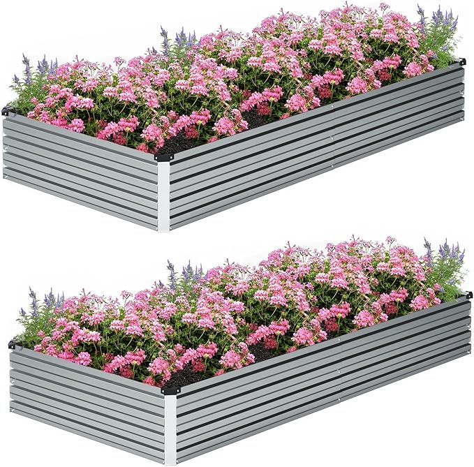 ZUNUDA 8×2×1FT(2PCS) Galvanized Raised Garden Bed Kit, Metal Planter Boxes，Large Outdoor Planters Garden for Planting Vegetables,Flowers,Herbs -Silver