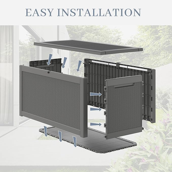 WTFGO 320 Gallon Large Resin deck box Waterproof,Outdoor Storage Bench,Patio Storage Box,Garden Tool Storage,Resin Large Sturdy Deck boxes with Double Wall Panels,Rattan Gray