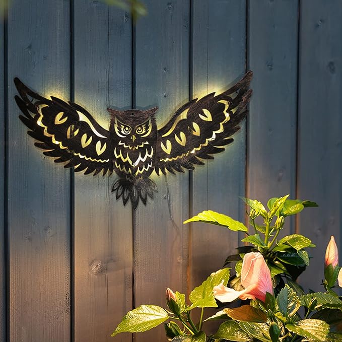 Solar Outdoor Wall Decor Lights Owl Hanging Wall Light Outdoor Metal Solar Garden Lights Porch Patio Yard Decorative Large 23.62inch Warm White