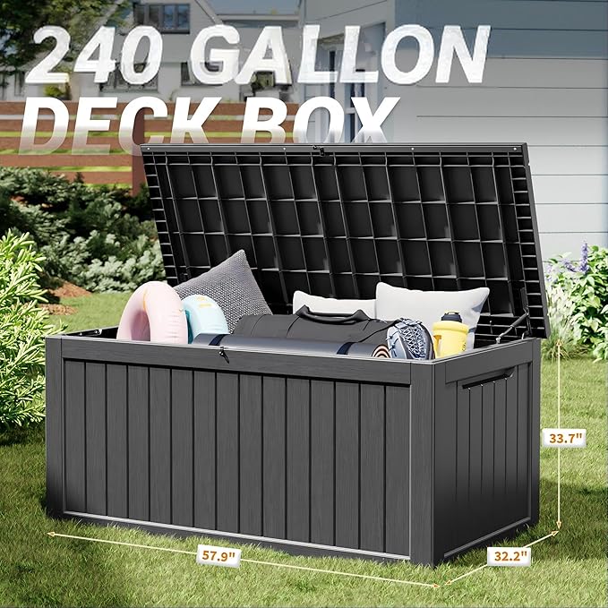 WTFGO 240 Gallon Large Resin deck box Waterproof,Outdoor Storage Bench,Patio Storage Box,Garden Tool Storage,UV-Resistant & All-Weather,Wood-like Striped BLack
